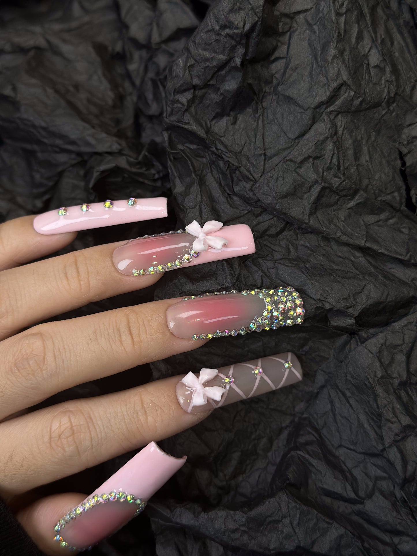 Coquette Rhinestone Coffin Pink Ombre Nails