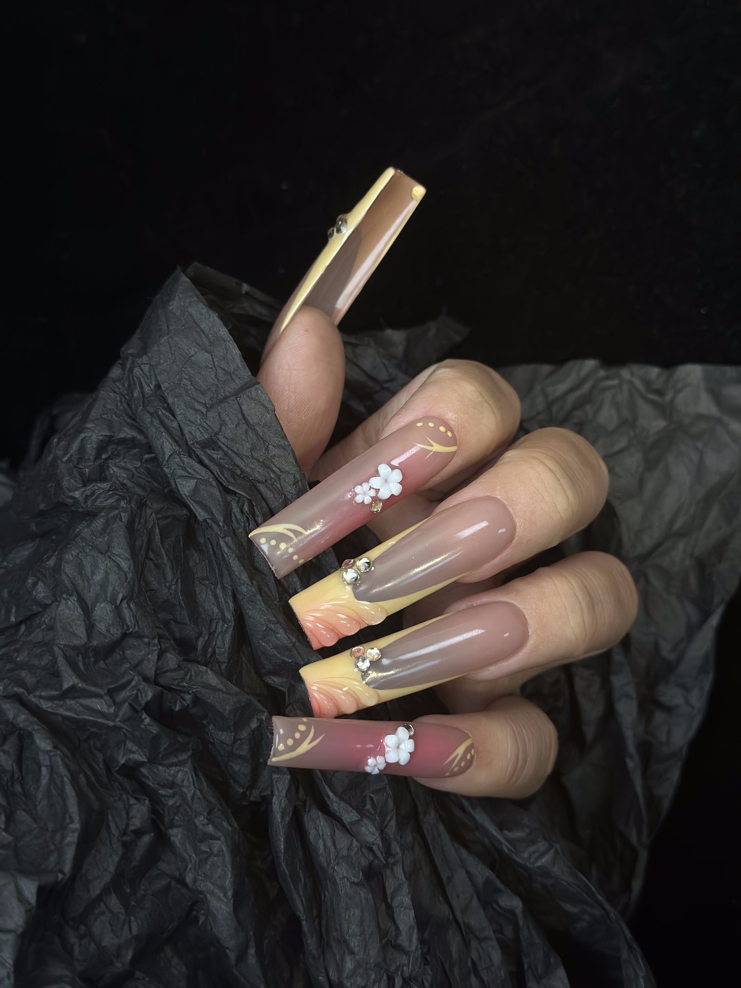 3D Tropical French Coffin Yellow Ombre Nails