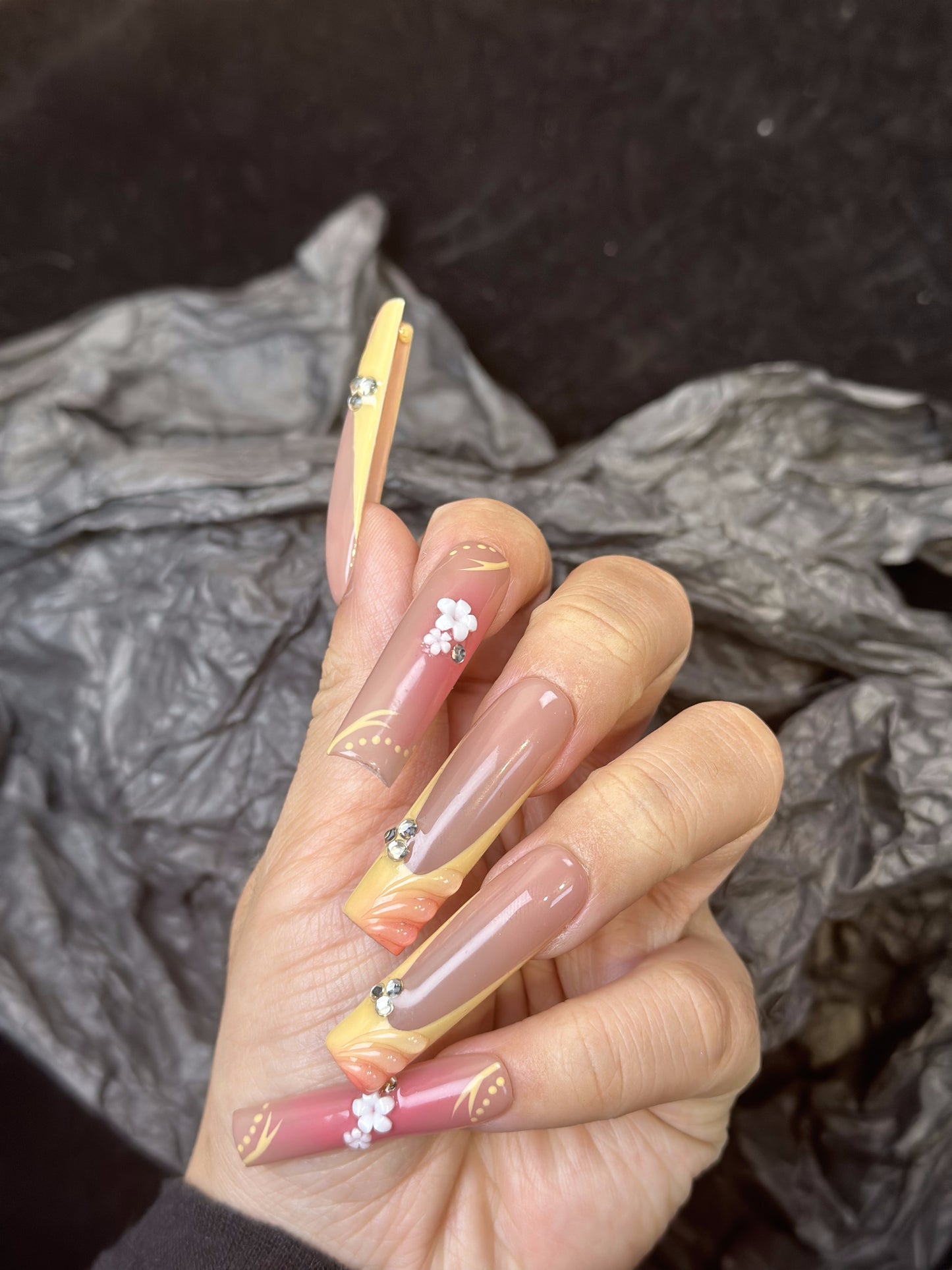 3D Tropical French Coffin Yellow Ombre Nails