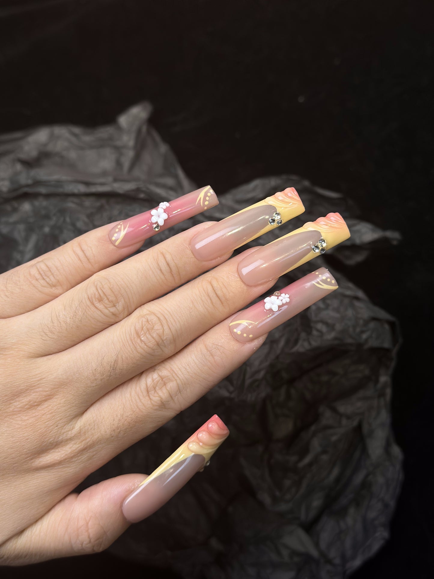 3D Tropical French Coffin Yellow Ombre Nails