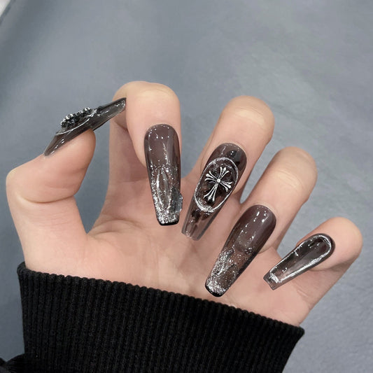 Gothic Black Coffin Nails With Glitter Cross