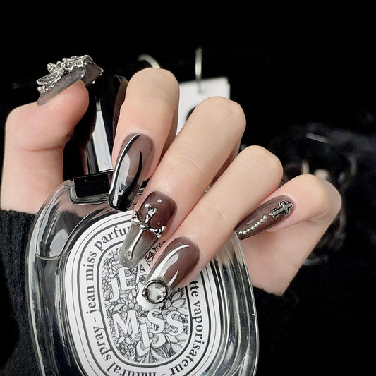 Black Nails With Cross Design Coffin