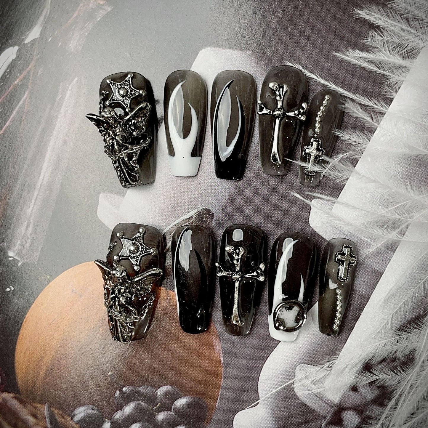 Black Nails With Cross Design Coffin