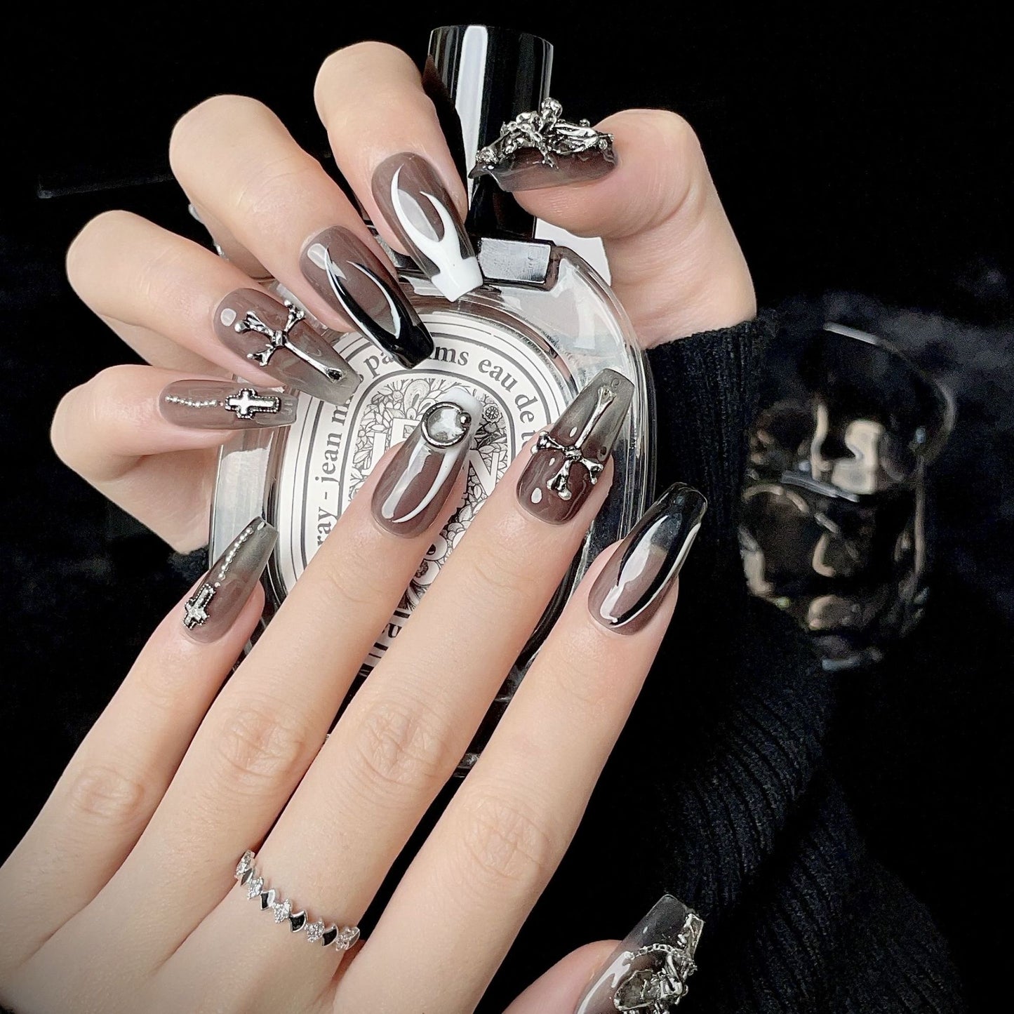 Black Nails With Cross Design Coffin