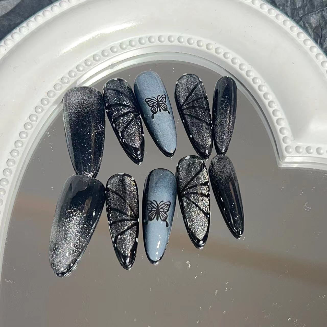 Black Nails With Butterflies