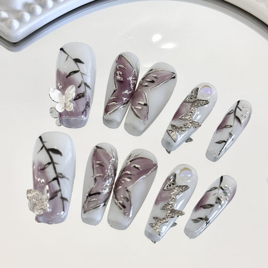 Baddie White Nails With Butterflies