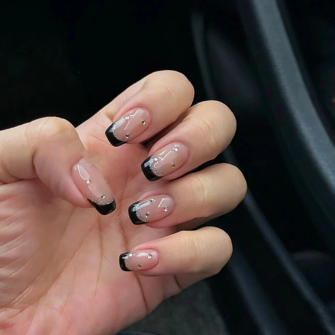 Black French Tip Nails With Gems