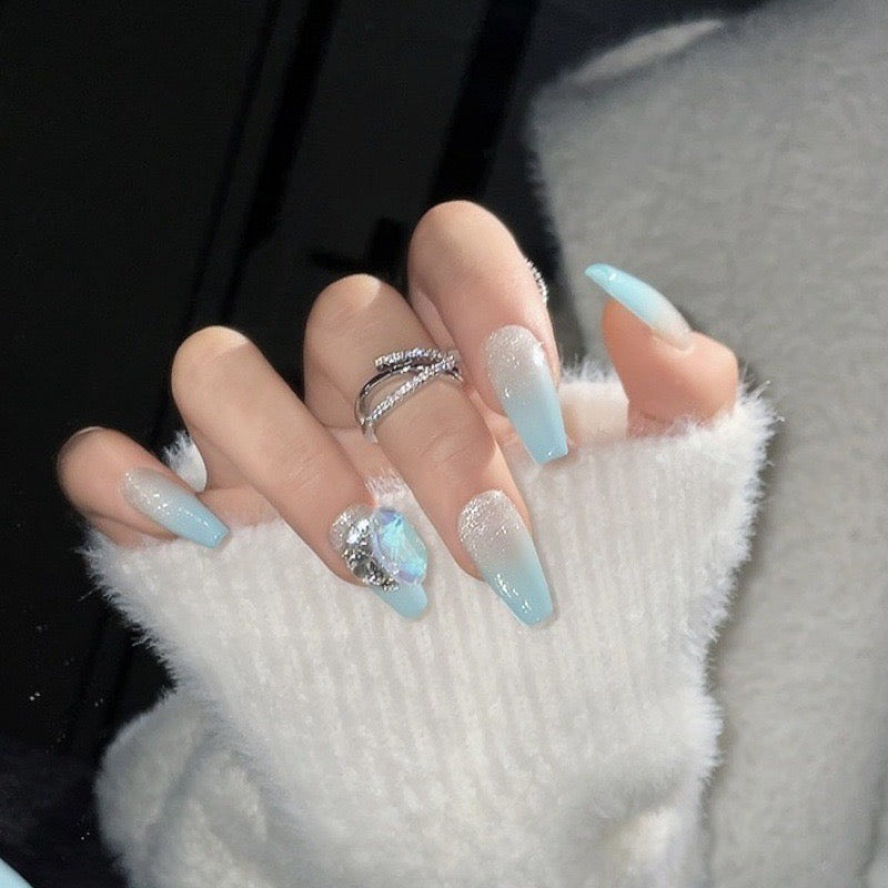 Coffin Blue Ombre Nails