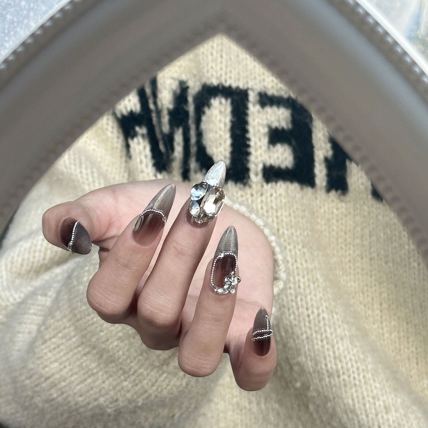 Brown Ombre Almond nails Nails With Diamonds