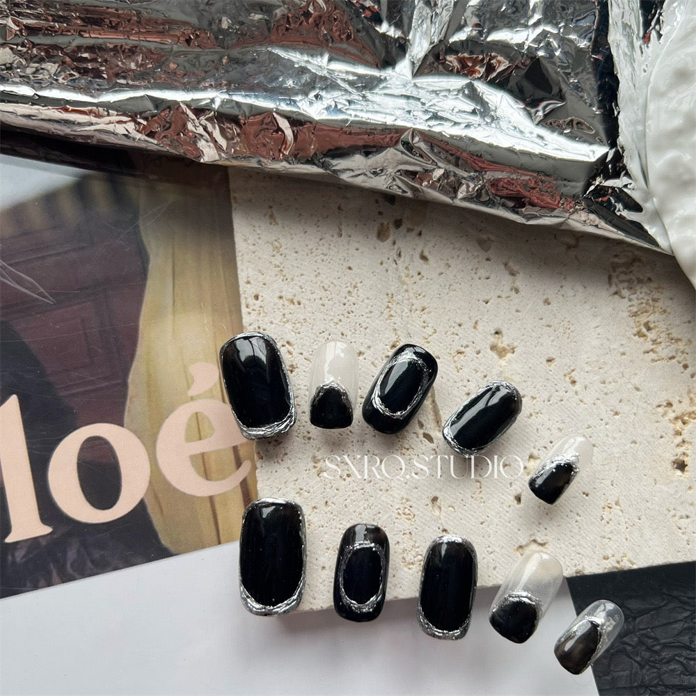 Short Black Square Nails Chrome