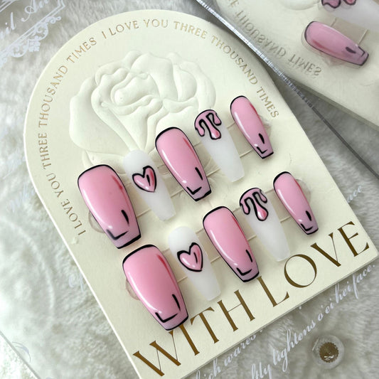 Pink Comic Nails Matte Coffin Press On