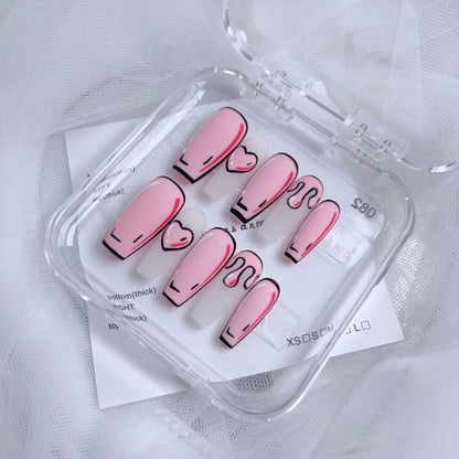 Pink Comic Nails Matte Coffin Press On