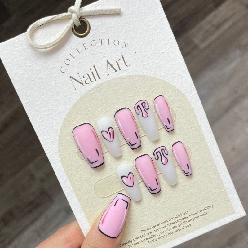 Pink Comic Nails Matte Coffin Press On