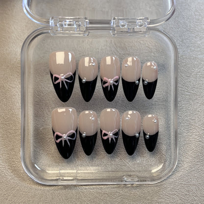 Black French Almond Nails Bow Design Y2k