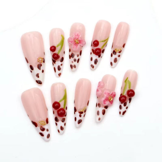 Cherry French Tip Nails Cow Print Valentines