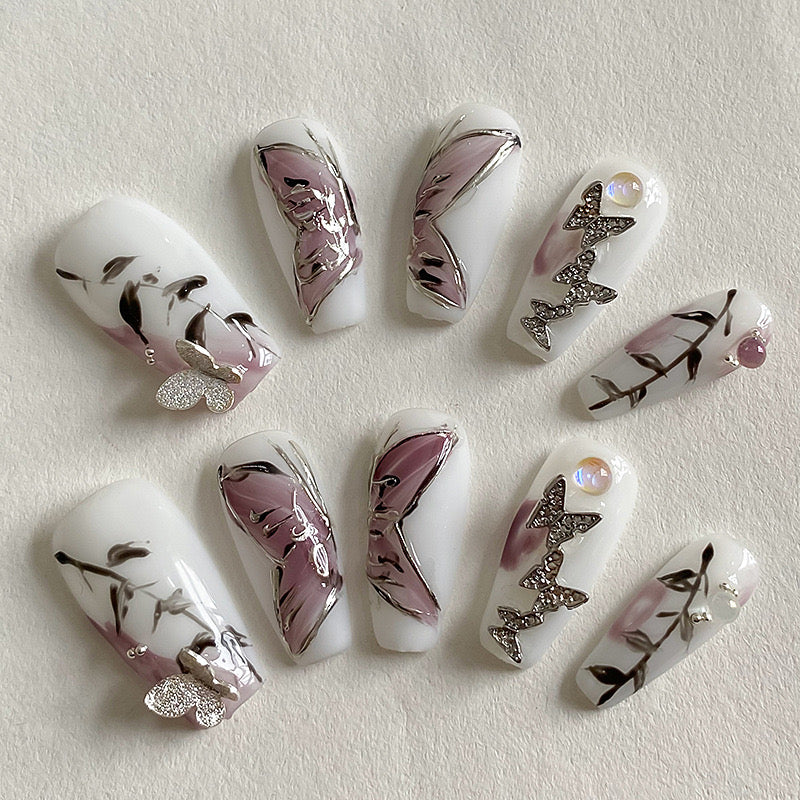 Baddie White Nails With Butterflies