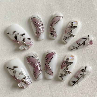 Baddie White Nails With Butterflies