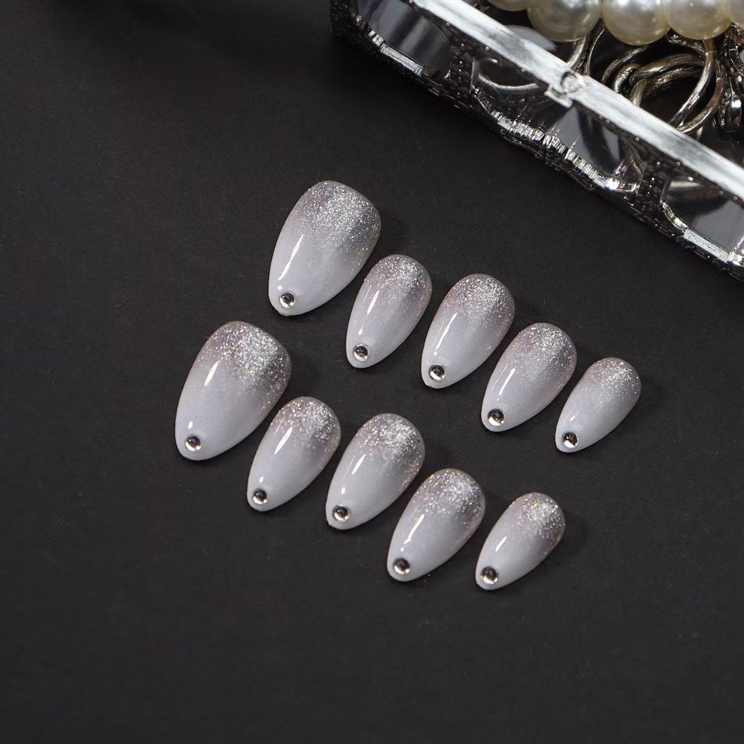 Short Almond Ombre Nails Glitter White