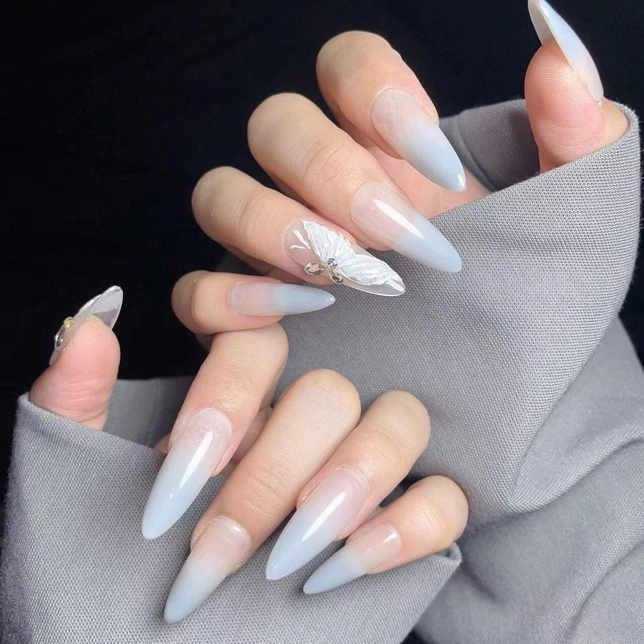 Gray Ombre Nails Butterfly Neutral Press on