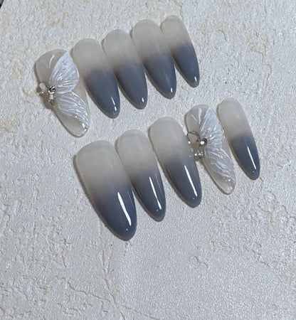 Gray Ombre Nails Butterfly Neutral Press on