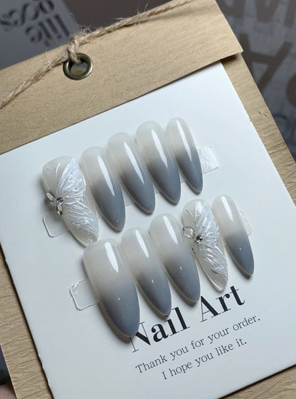 Gray Ombre Nails Butterfly Neutral Press on