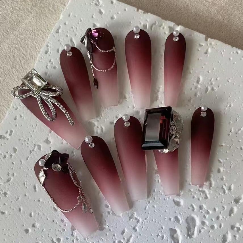 Dark Red Matte Nails Ombre Rhinestone