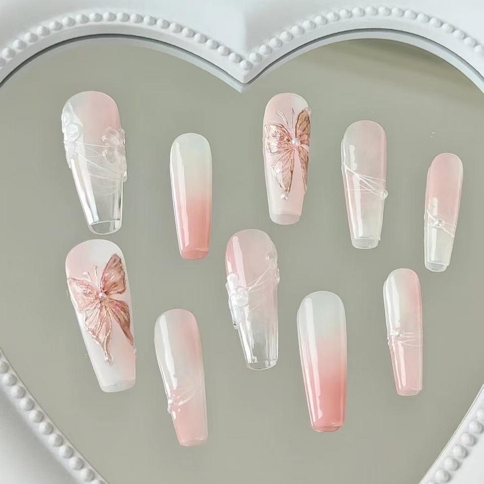 Light Pink 0mbre Nails Butterfly Coffin