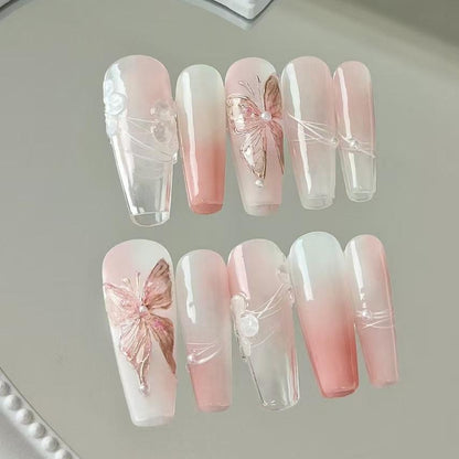 Light Pink 0mbre Nails Butterfly Coffin