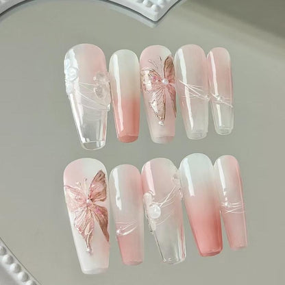 Light Pink 0mbre Nails Butterfly Coffin