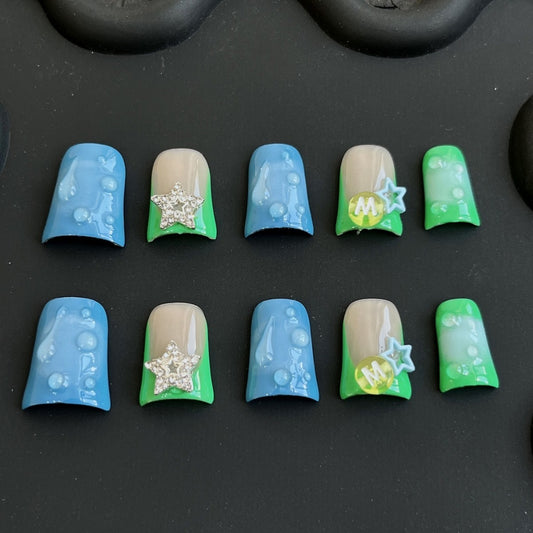 Two Tone Blue Green Press on Duck Nails