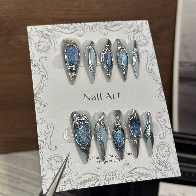 Blue Cat Eye Chrome Stiletto Ombre Nails