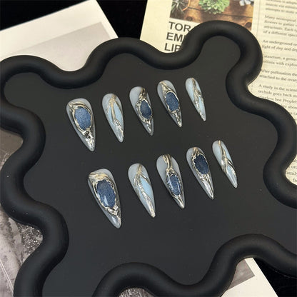 Blue Cat Eye Chrome Stiletto Ombre Nails