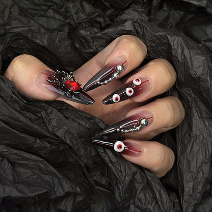 3D Eyeball Black And Red Stiletto Ombre Nails