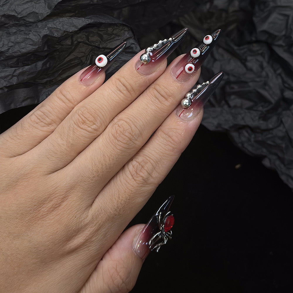 3D Eyeball Black And Red Stiletto Ombre Nails