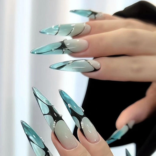 Black Swirl For Teal Stiletto Ombre Nails