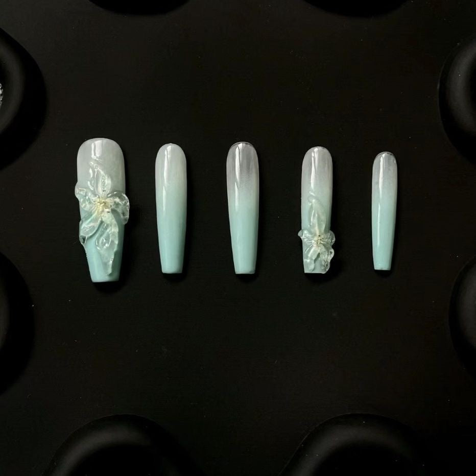 Mint 3D Flower Coffin Ombre Nails