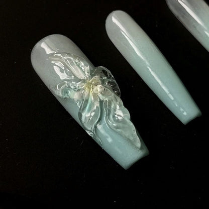 Mint 3D Flower Coffin Ombre Nails