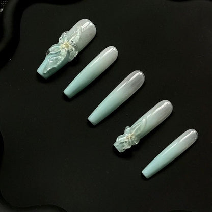 Mint 3D Flower Coffin Ombre Nails