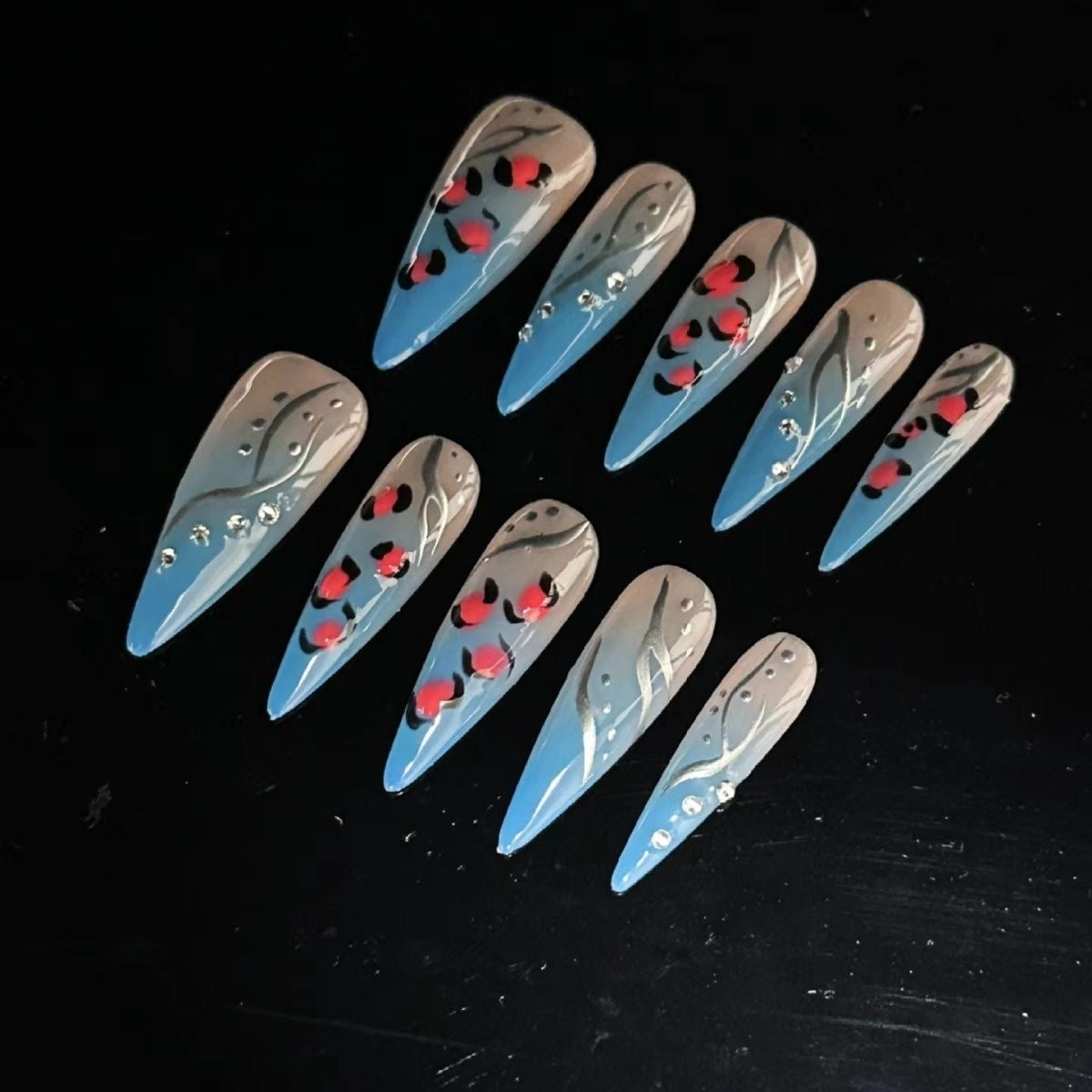 Leopard Blue Stiletto Ombre Nails