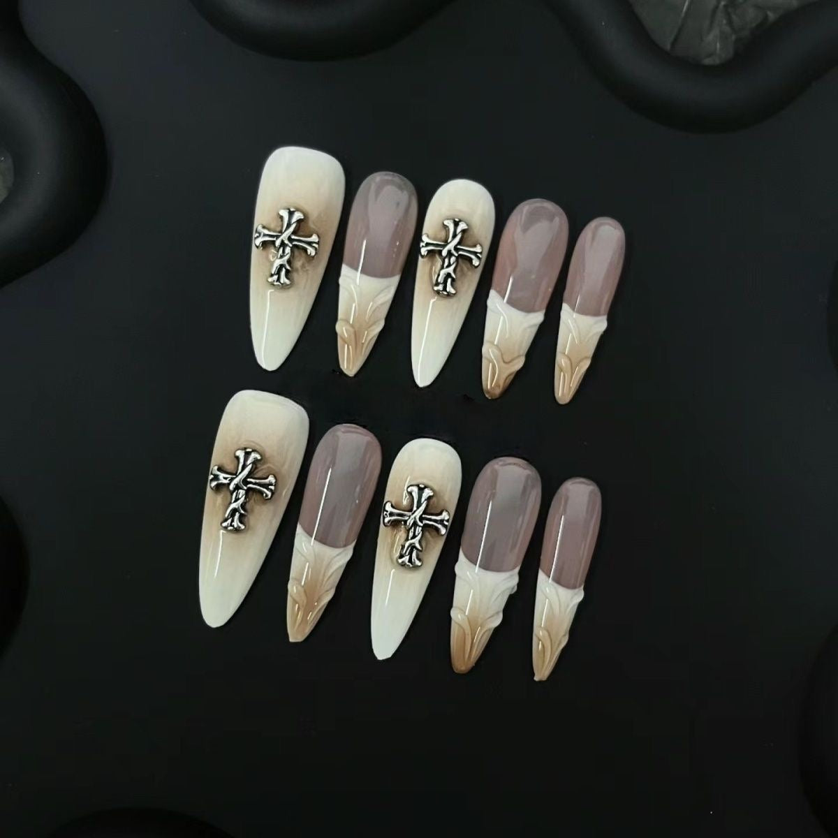 Beige French Cross Stiletto Ombre Nails