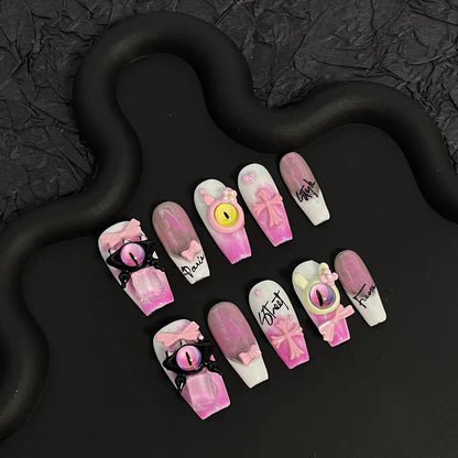 Monster Eye Pink 3D Coffin Ombre Nails