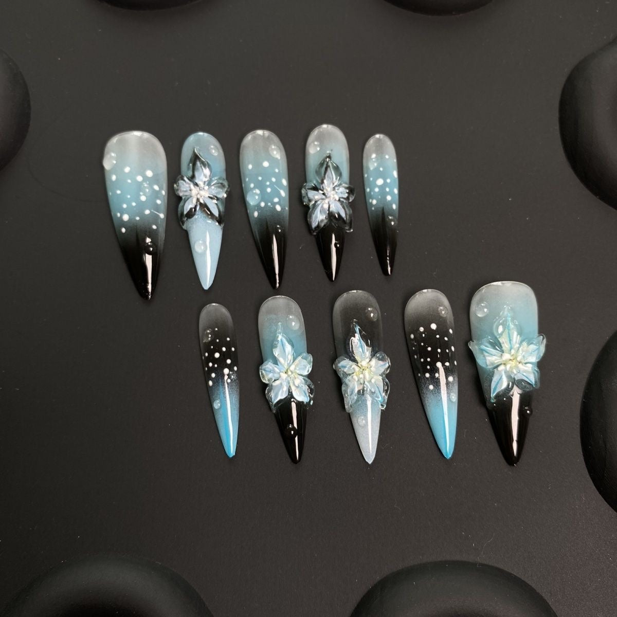 Blue And Black 3D Orchid Stiletto Ombre Nails