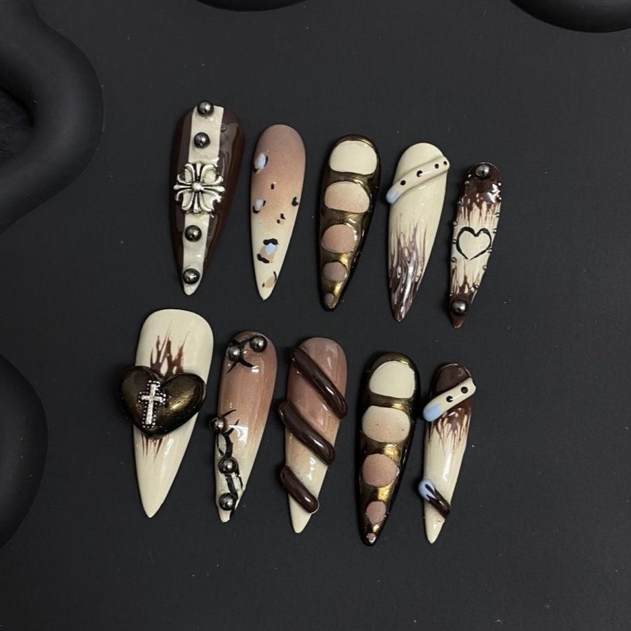 Coffee 3D Goth Stiletto Ombre Nails