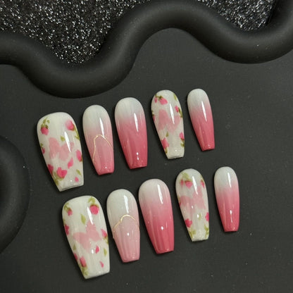 Pink Butterfly Flower Coffin Ombre Nails