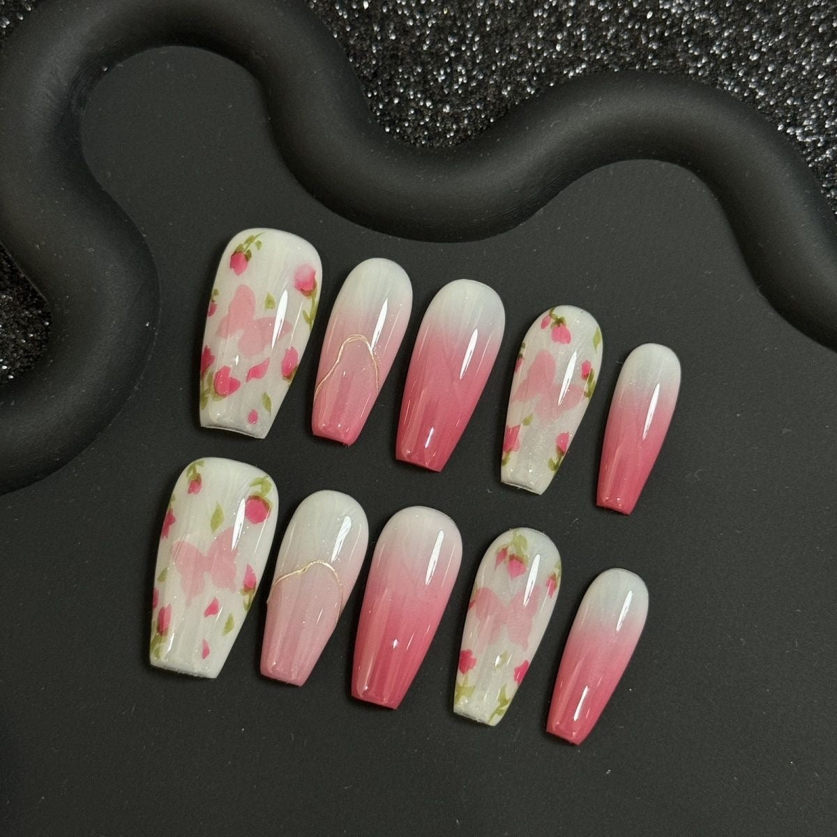 Pink Butterfly Flower Coffin Ombre Nails