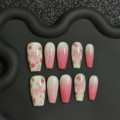 Pink Butterfly Flower Coffin Ombre Nails