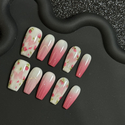 Pink Butterfly Flower Coffin Ombre Nails