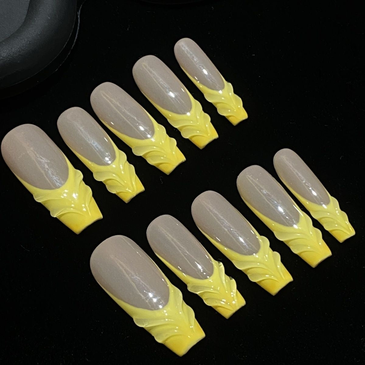 Yellow French 3D Swirl Coffin Ombre Nails