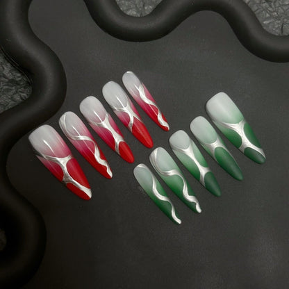 Green And Red Swirl Stiletto Ombre Nails