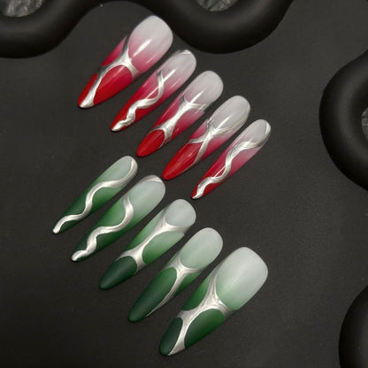 Green And Red Swirl Stiletto Ombre Nails